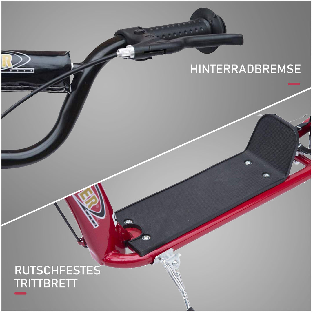 Børneløbehjul med bagbremse, løbehjul, 12 tommer løbehjul, city scooter til børn, kickboard, højdejusterbart, stål, EVA, rød, 120 x 52 x 80-88 cm