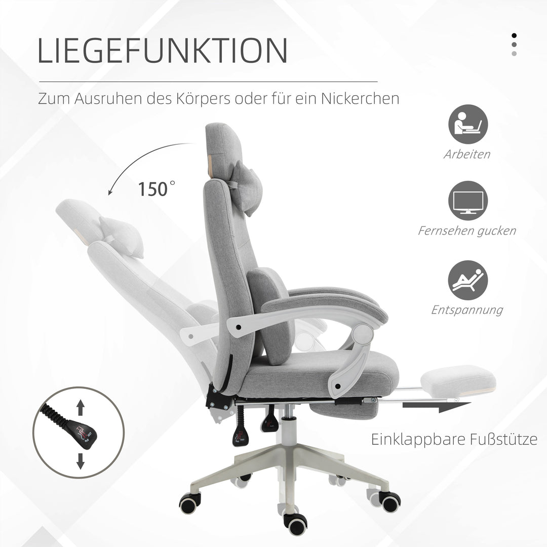 Kontorstol, ergonomisk skrivebordsstol med nakkestøtte, lændehynde, højdejusterbar gamingstol med fodstøtte, høj ryglæn, grå 62 x 68 x 117-127 cm