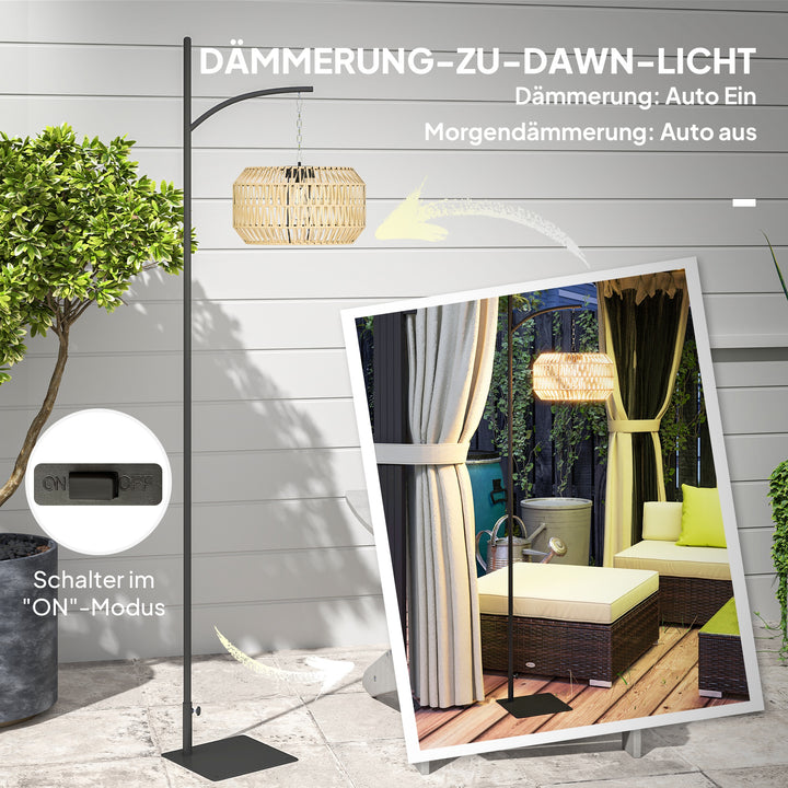 Solcellegulvlampe, rottingstil, solcellelamper med lyssensor, automatisk solcellelys i boho-stil, IP44, sort+gul