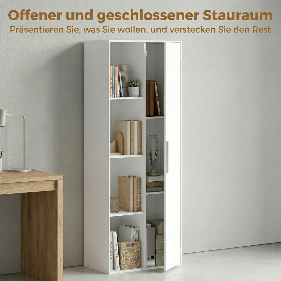 4-etagers reol med justerbare hylder, reol med skab og døre til stue, arbejdsværelse, hvid