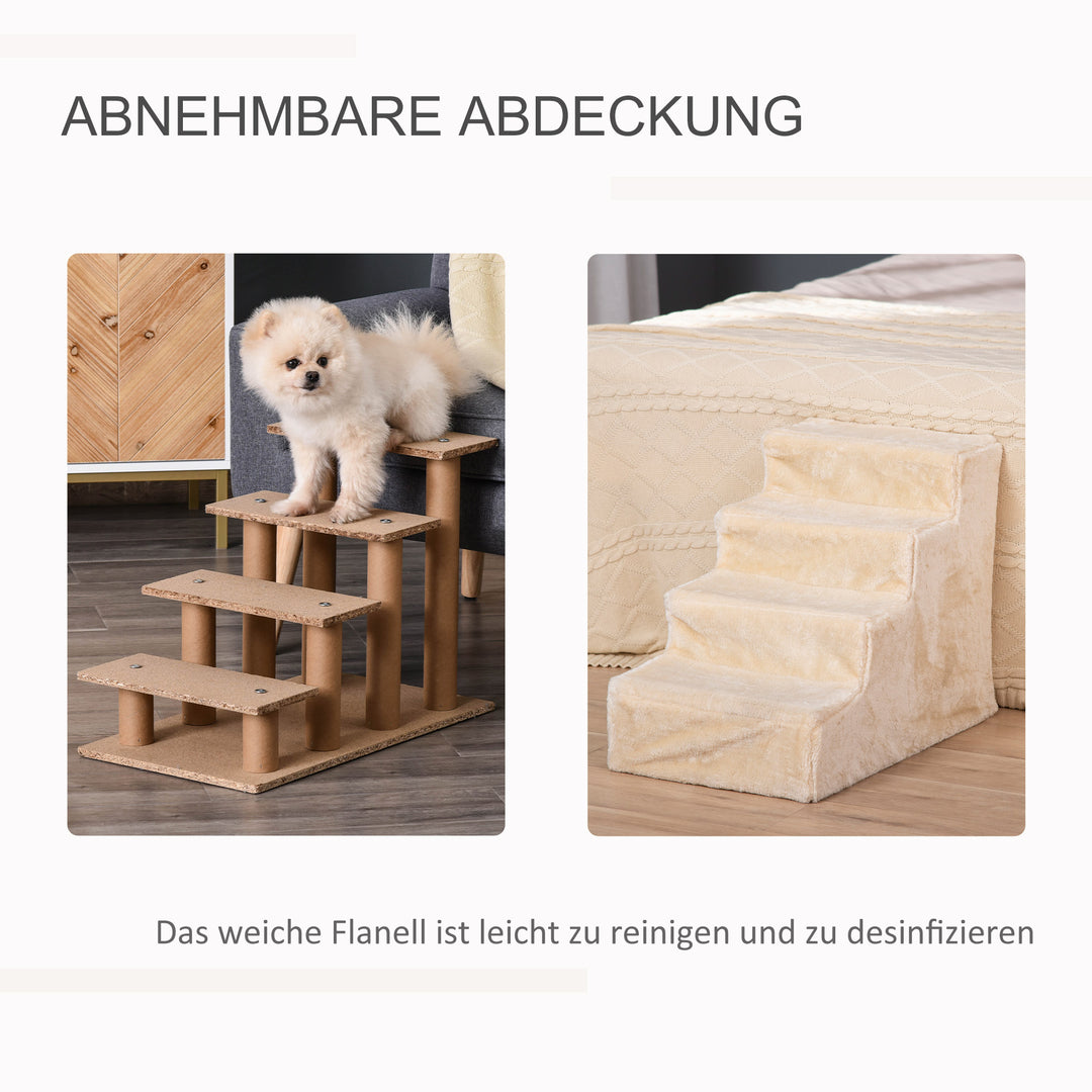 4-Trins hundetrappe, 35 cm kattetrappe til seng og sofa, kæledyrstrappe til hunde og katte op til 5 kg, plyslook, beige