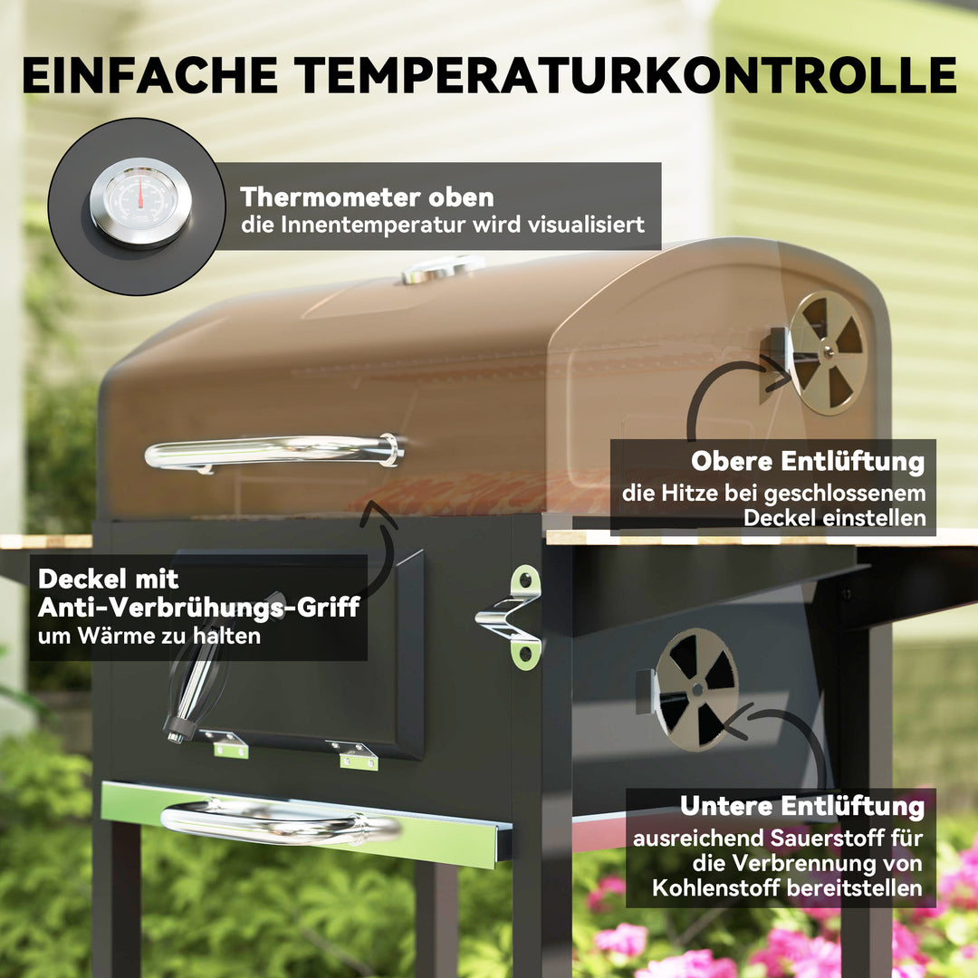 Kulgrill, højdejusterbar kulpande, grillvogn, hylder, termometer, flaskeåbner, stål, træ, sort