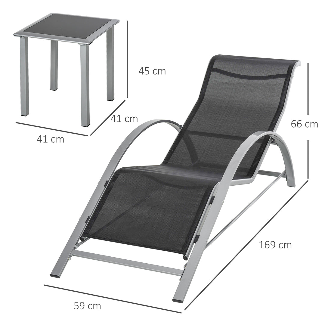 Have liggestolesæt, metalnet, 3 dele. Solseng med tebord. Havemøbelsæt med 2 liggestole, 1 sidebord. Havesiddegruppe til haven, balkonen. 59B x 169D x 66H cm. Sort+Sølv
