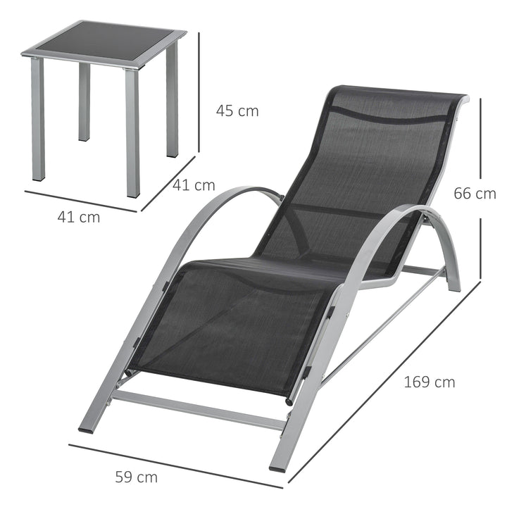 Have liggestolesæt, metalnet, 3 dele. Solseng med tebord. Havemøbelsæt med 2 liggestole, 1 sidebord. Havesiddegruppe til haven, balkonen. 59B x 169D x 66H cm. Sort+Sølv