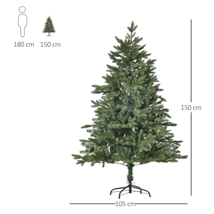 Kunstigt juletræ 150 cm, kunstigt grantræ med 444 spidser, 3 forskellige bladformer, flammehæmmende, med metalfod til indendørs brug