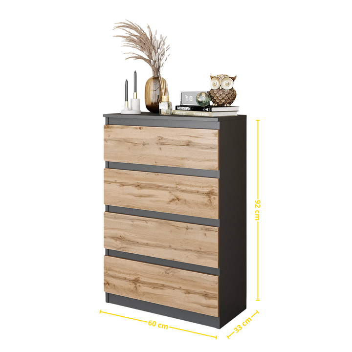 GABRIEL - Kommode / skænk med 4 skuffer - Antracitgrå / Wotan Eg - H92cm B60cm D33cm