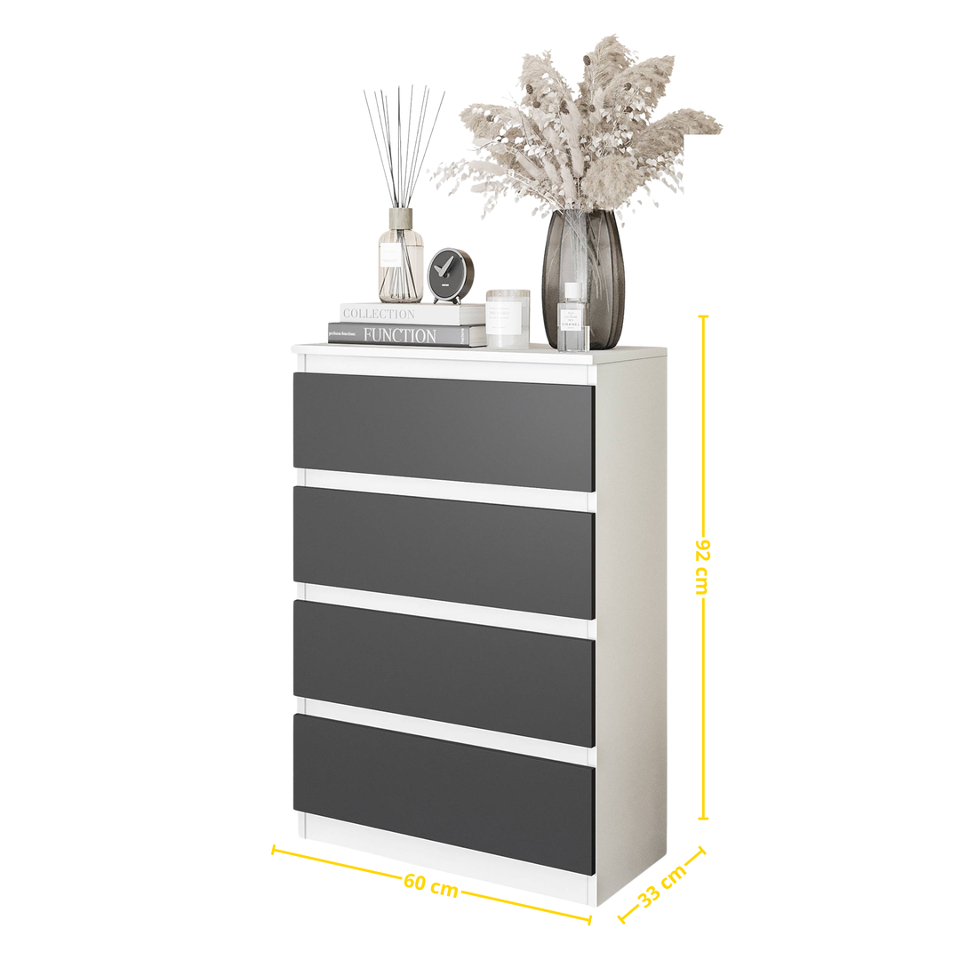 GABRIEL - Kommode / skænk med 4 skuffer - Hvid Mat / Antracit H92cm B60cm D33cm