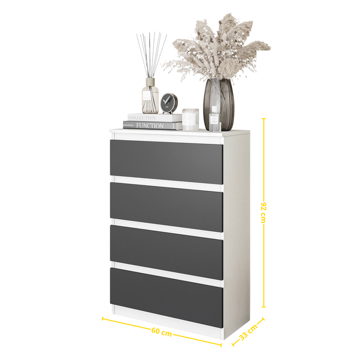 GABRIEL - Kommode / skænk med 4 skuffer - Hvid Mat / Antracit H92cm B60cm D33cm