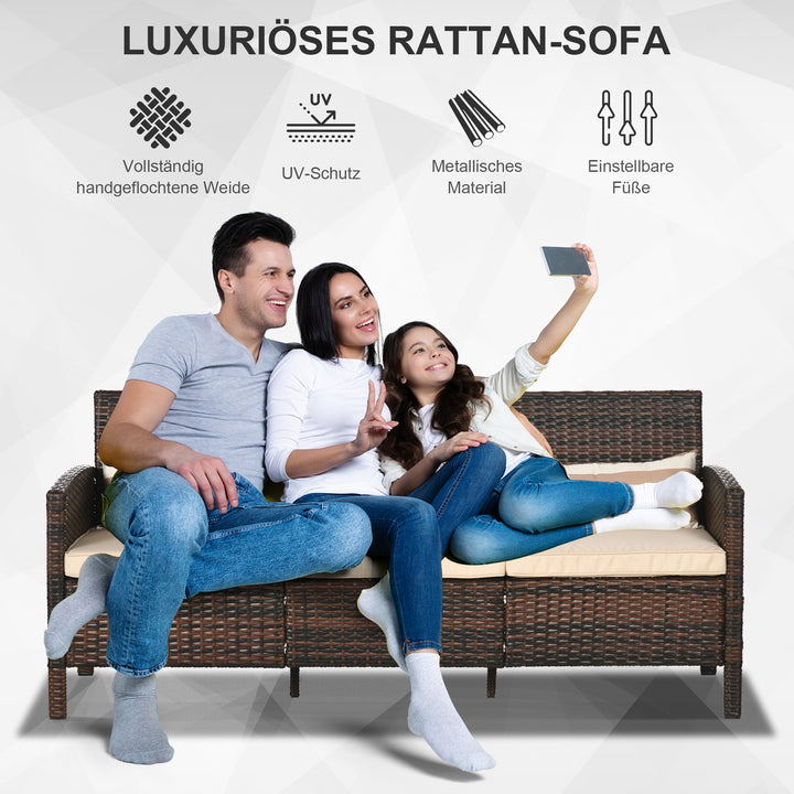 Rattan sofa med hynder, tre-personers, havelounge sofa, stål, brun, 173 x 68 x 78 cm