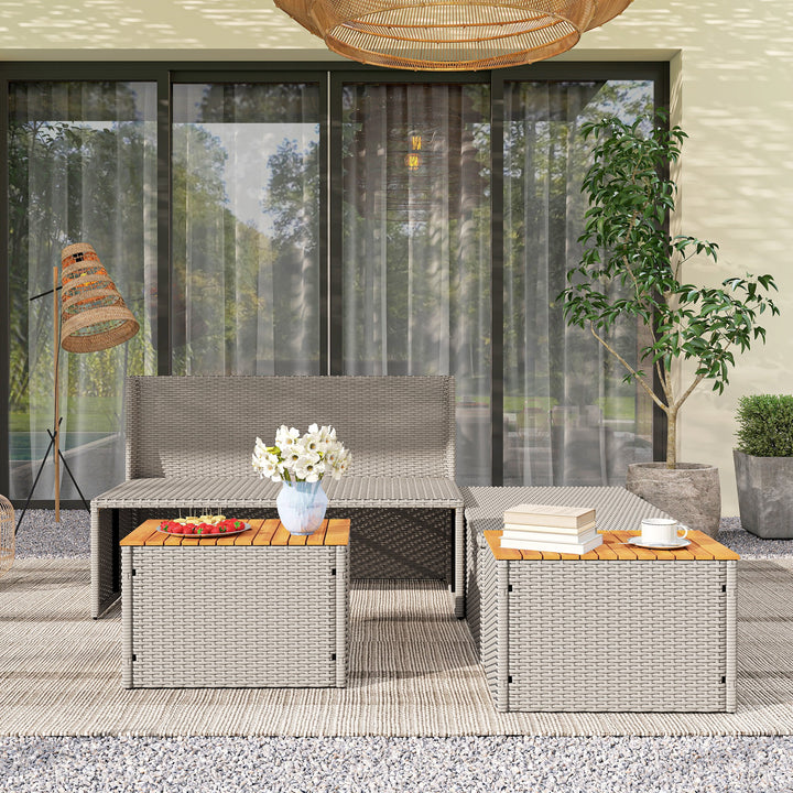 Polyrattan liggestol til 2 personer dobbelt liggestol med fodskammel opbevaringshynder 125x114x72,5 cm grå