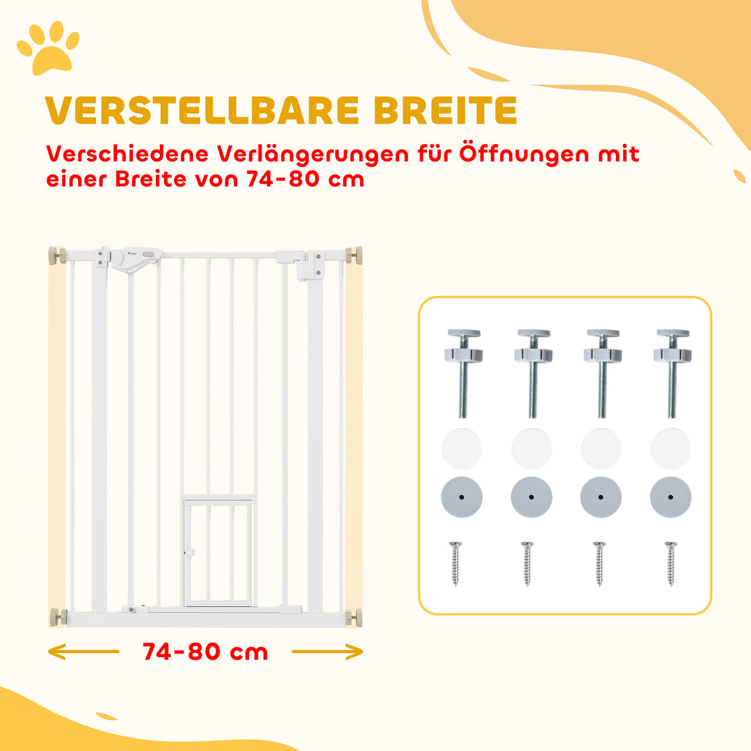 Dørgitter med kattelem, montering uden boring, variabel bredde 74-80 cm, åbning med én hånd, metal, hvid