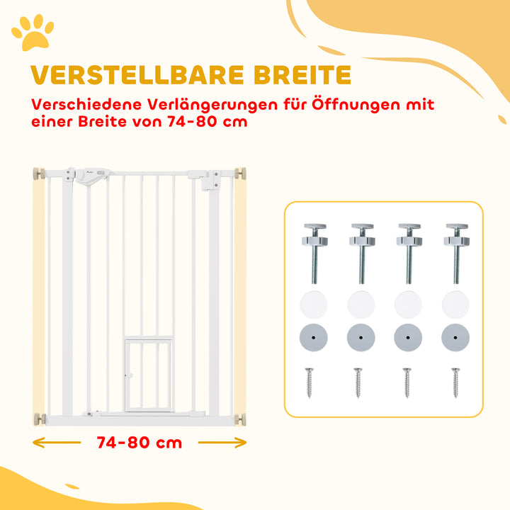 Dørgitter med kattelem, montering uden boring, variabel bredde 74-80 cm, åbning med én hånd, metal, hvid