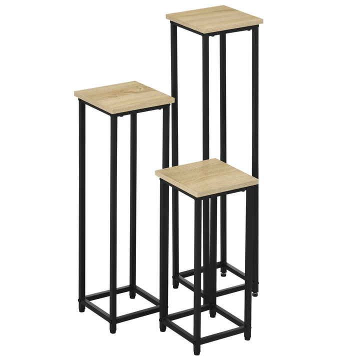 3-Delt sæt stabelbare plantestativer, pladsbesparende, 21 cm x 21 cm x 50/70/90 cm, stål, brun + sort