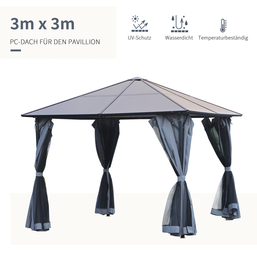 Solrigt lysthus med polycarbonattag, gardiner med fluenet, aluminiumsramme, mørkegrå, 3 x 3 m