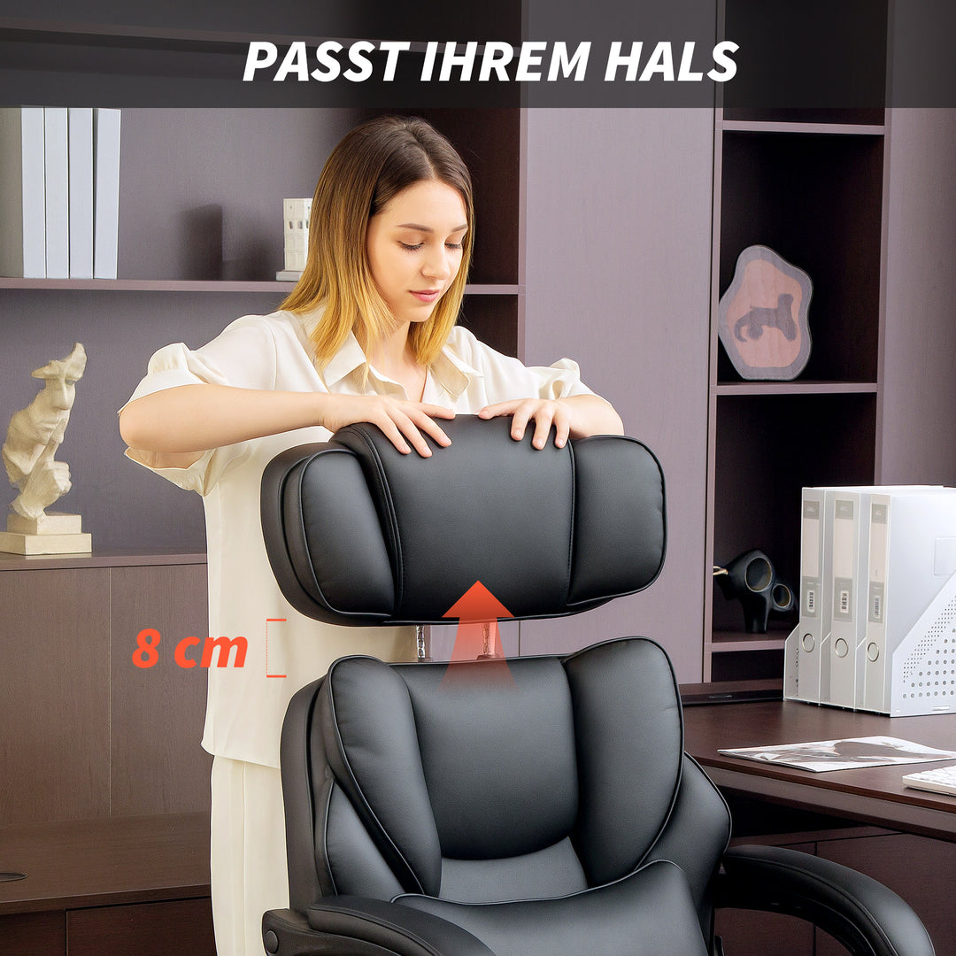 Kontorstol, ergonomisk højdejusterbar drejestol med lændestøtte, armlæn, fodstøtte, PU-læder, sort