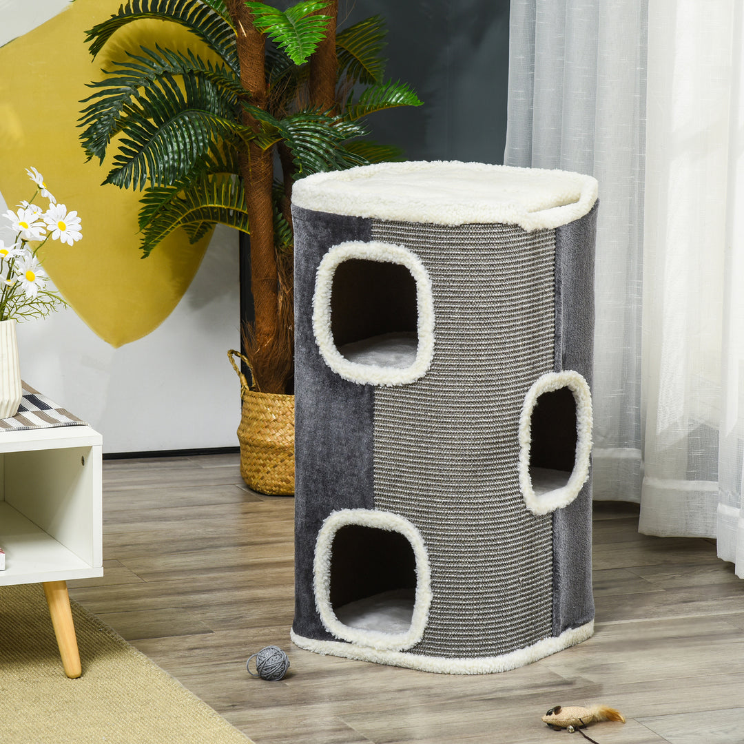 Kradsetræ til katte, kradsetræ til katte, 3 niveauer, klatretræ til katte, kattemøbler, spånplade, fløjlsagtig polyester, sisal, grå+hvid, 40 x 40 x 74 cm