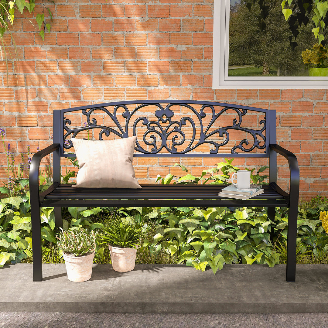Metalhavebænk, blomsterdesign, 2-personers, 240 kg lasteevne, stål, 127L x 60B x 87H cm, sort
