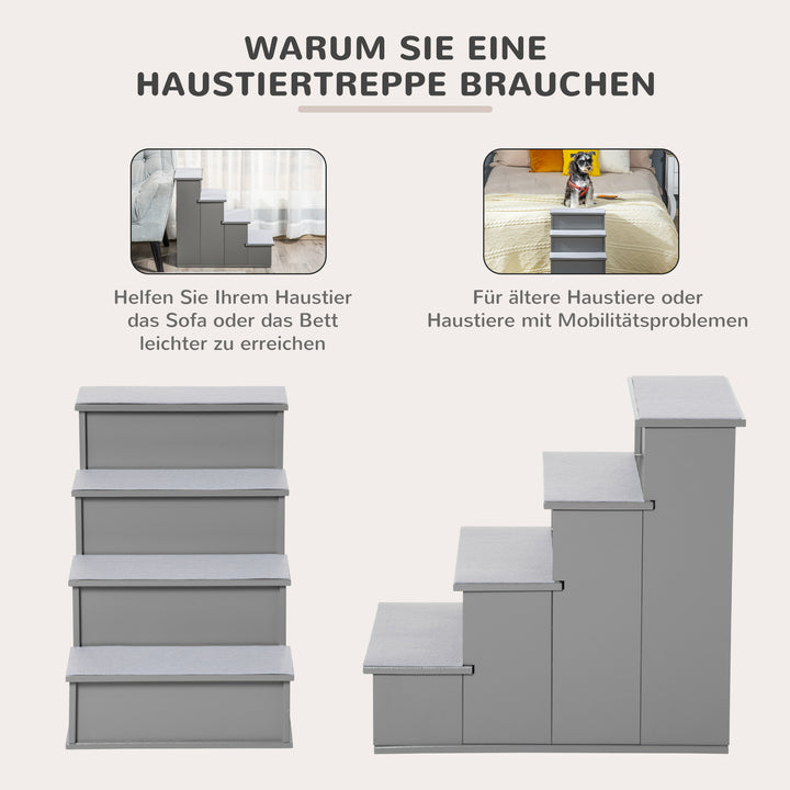 Kæledyrstrappe, til hunde/katte, 4-trins, kort plys, op til 30 kg, 40 x 59 x 54,2 cm, grå