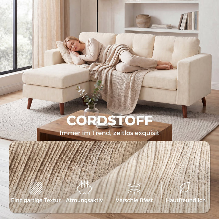 Hjørnesofa 192 cm L-formet 3-personers sofa med vendbar chaiselong, corduroy-look, til små rum, cremehvid