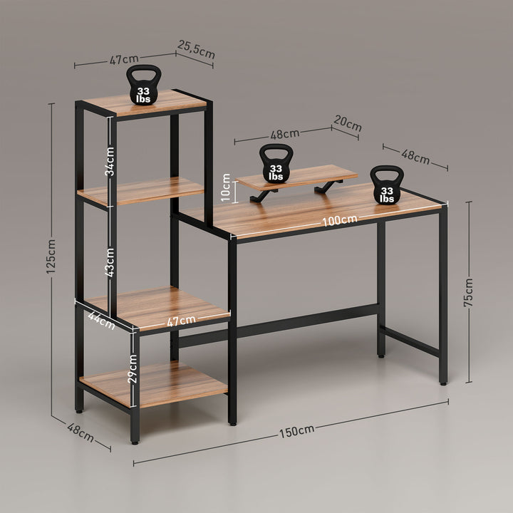 Computerbord med skærmstativ, skrivebord med 4-lags hylde, industrielt design, brun