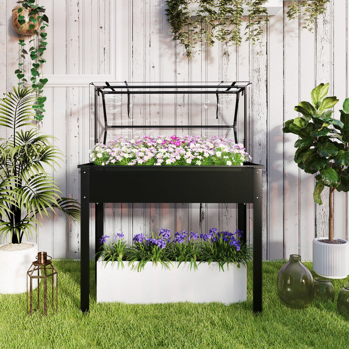 Hævet havebed med drivhustag, hævet plantekasse med drænhuller, 100 x 48 x 124 cm, sort