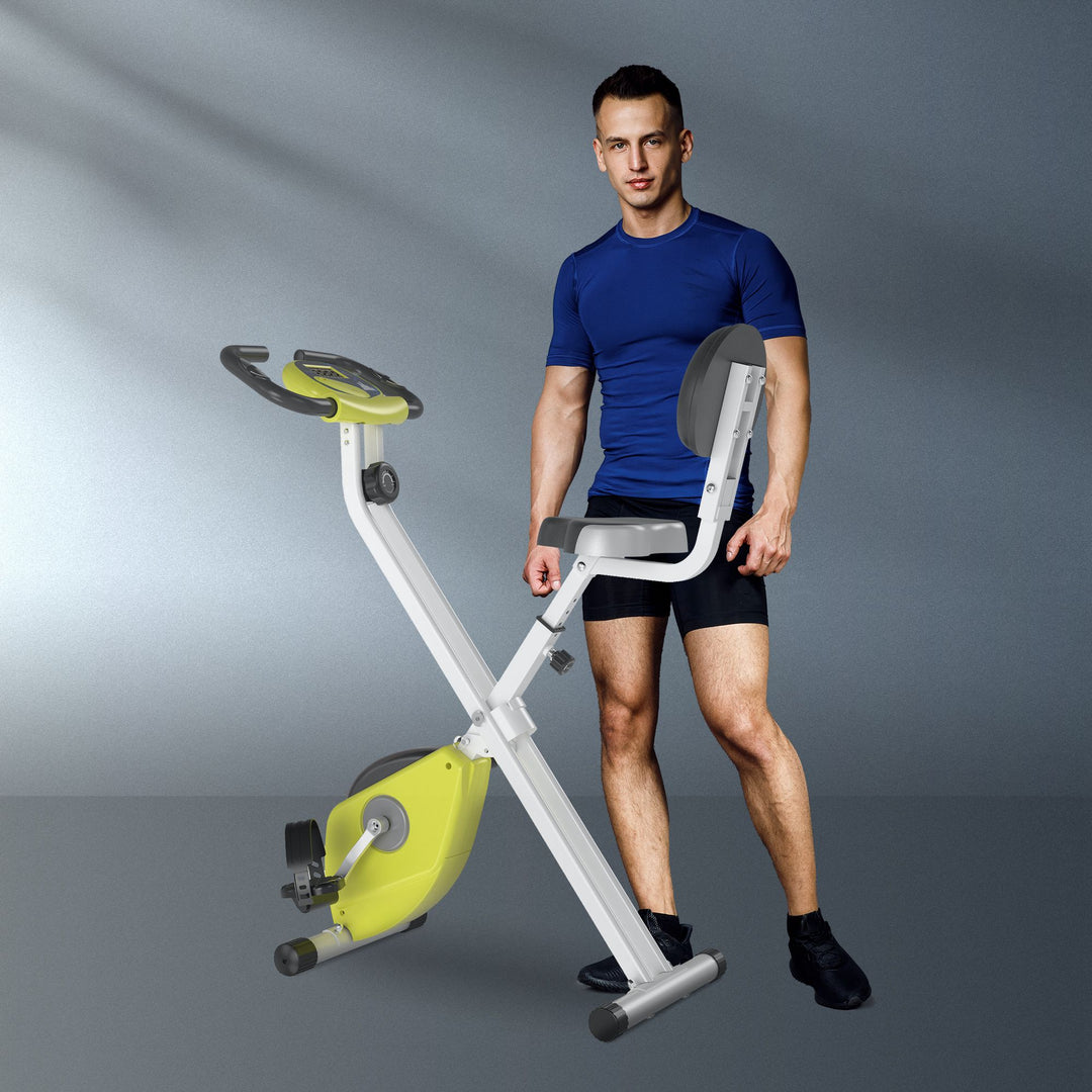 Motionscykel sammenklappelig magnetisk hjemmetræner med lcd-skærm, 8 niveauer justerbar magnetisk modstand, pladsbesparende fitnesscykler til hjemmet gul+hvid