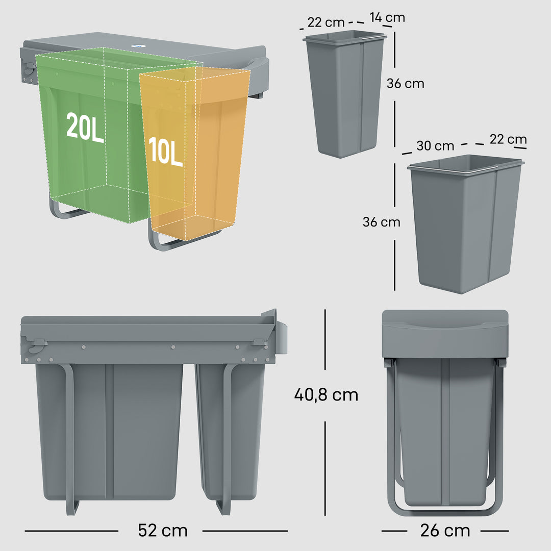 Udtrækkelig affaldsbeholder, køkkenaffaldsbeholder med 2 aftagelige spande, håndtag, 30 liter (20 L+10 L), metal, grå