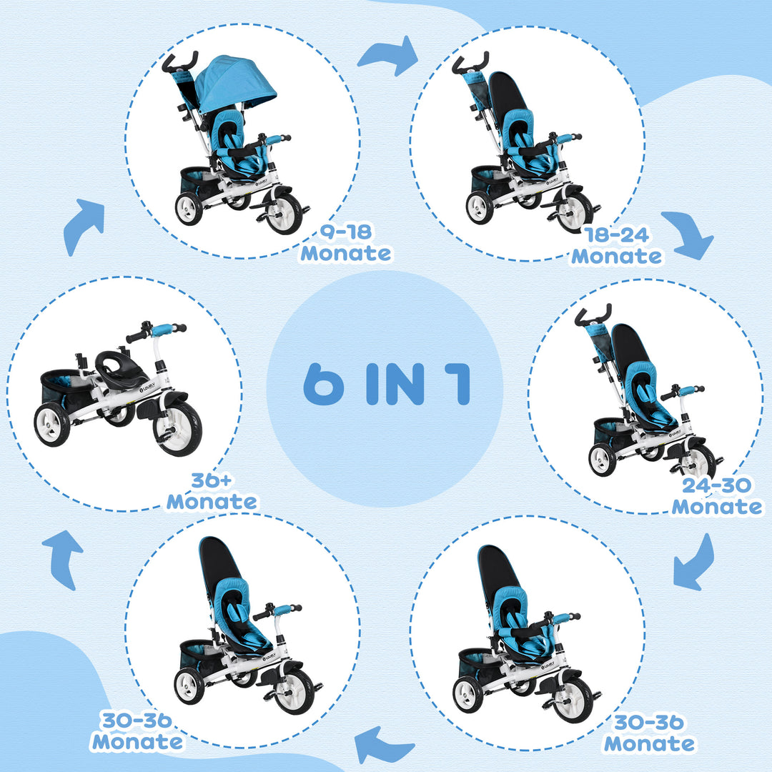 Børnetrecykel, børnecykel, bagkurv, kopholder, solskærm, metal, blå