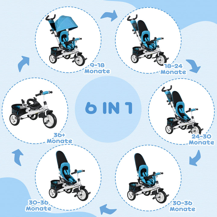 Børnetrecykel, børnecykel, bagkurv, kopholder, solskærm, metal, blå
