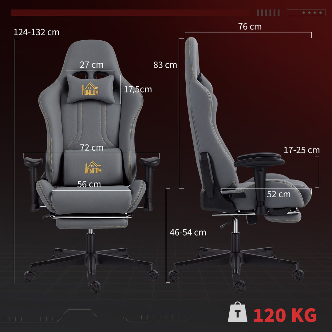 Ergonomisk gamingstol med 3D-armlæn, justerbar, rullende skrivebordsstol med lændestøtte, grå