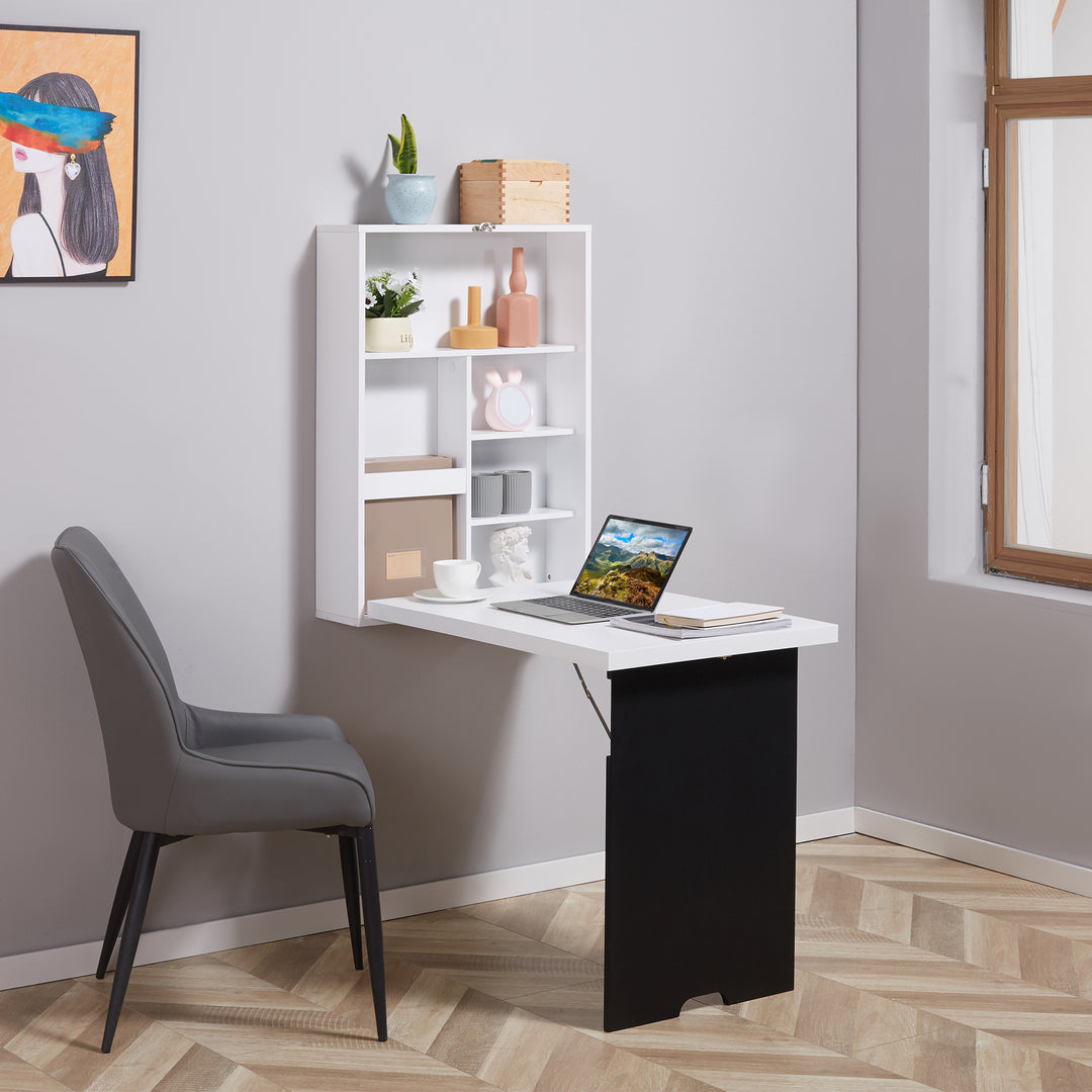 Vægbord, foldbar bordplade, 5 rum, 60x94,5x147cm, sort/hvid