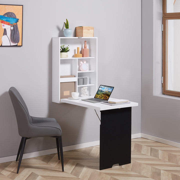 Vægbord, foldbar bordplade, 5 rum, 60x94,5x147cm, sort/hvid