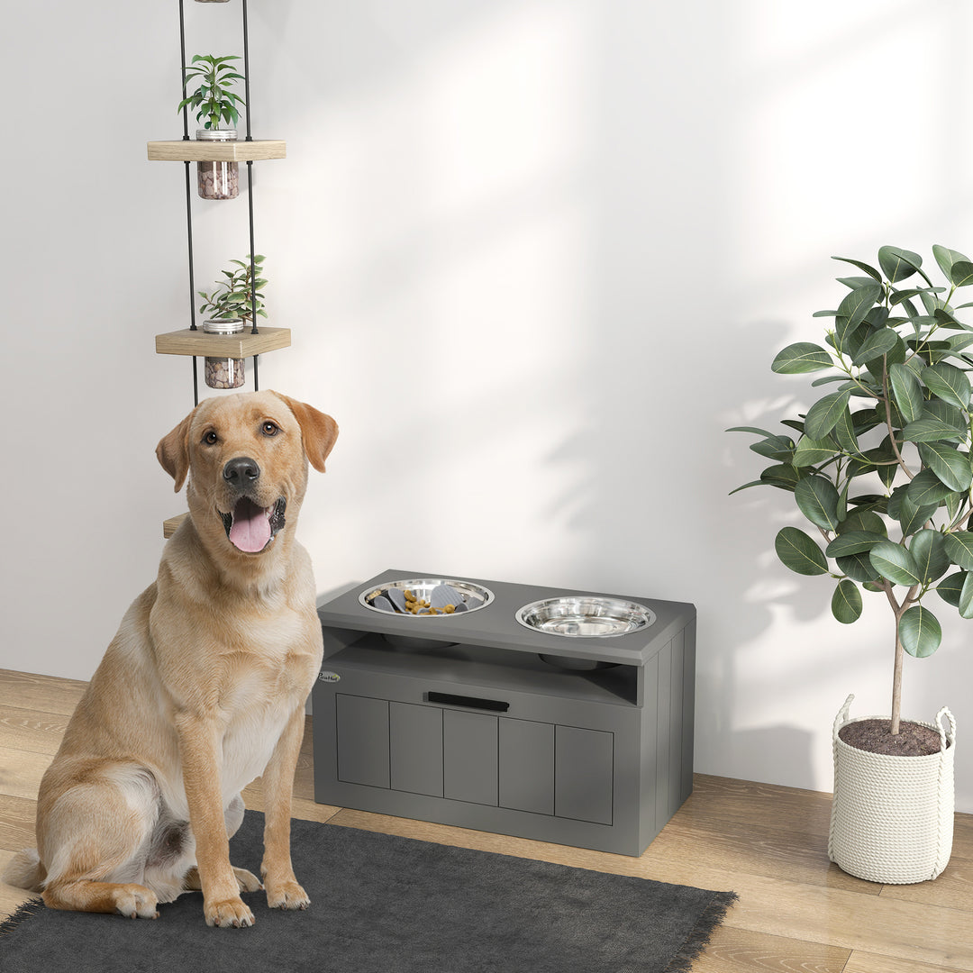 Stor hundefoderstation med 2 rustfri stålskåle og skuffe, foderdispenser til kæledyr, mdf, stål, grå