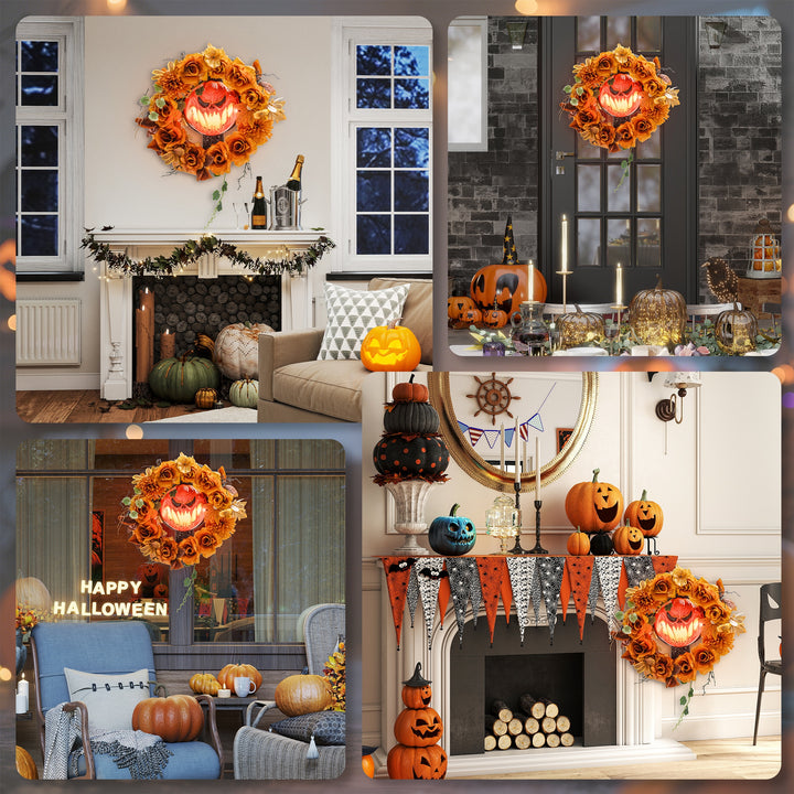 Halloween-krans, uhyggeligt græskardesign, efterårsblade, lyseffekter, plastik