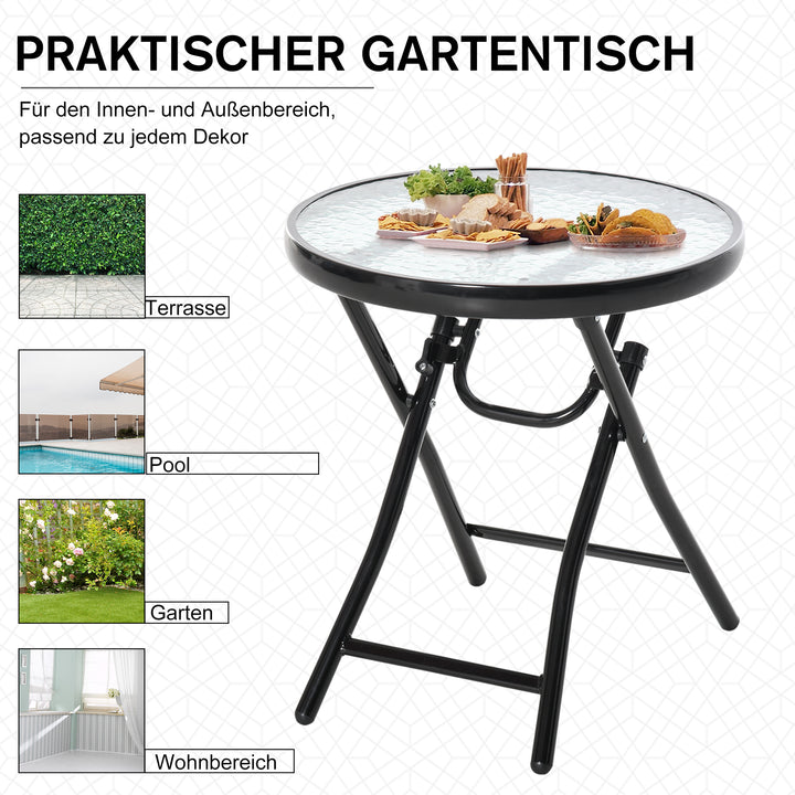 Havebord, sidebord, bistrobord med glasplade, rundt, foldbart, metal, Ø45, sort