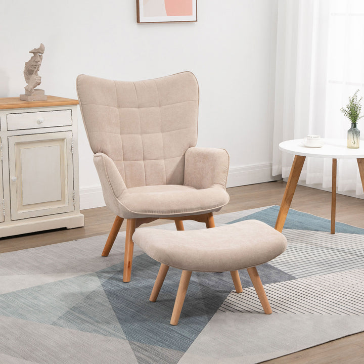 Accentstol med skammel, fløjlsbøjle lænestol, lænestol med træben, til stue, beige
