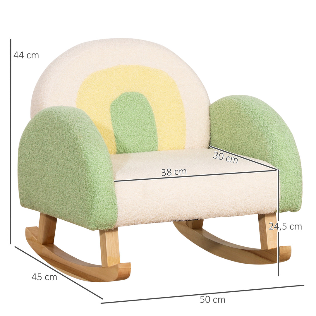 Gyngestol til småbørn sødt design, imiteret fåreskind, eukalyptustræ grøn + gul beige