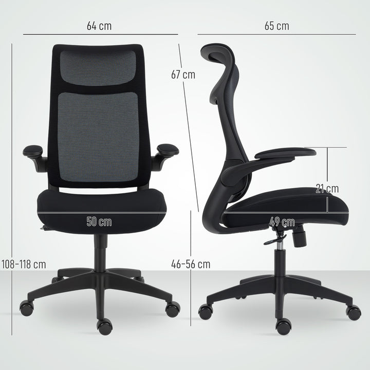 Ergonomisk kontorstol med 3D-armlæn, netryg, S-formet ryglæn, nakkestøtte, vippefunktion, sort