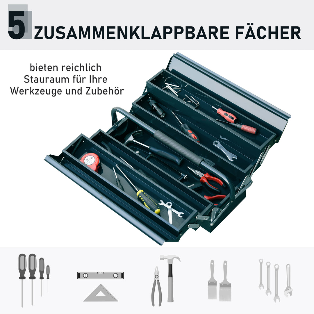Værktøjskasse værktøjskuffert monteringsværktøjskasse tom pladsbesparende med 5 rum foldbar robust stål (spcc) mørkegrøn 45 x 20 x 34,5 cm