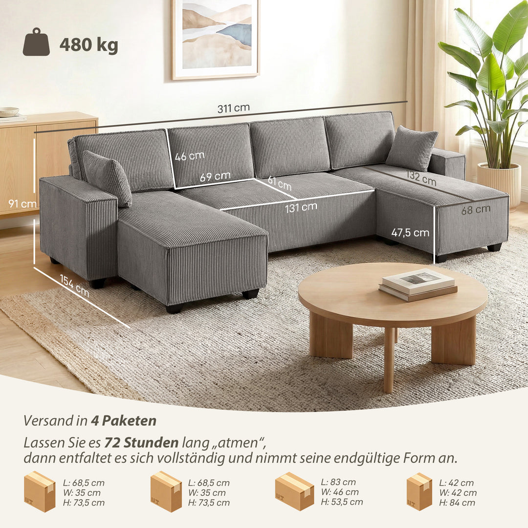 Hjørnesofa med dobbelt chaiselong, U-formet sofa i corduroystof med bredt og dybt sæde, hynder med fjederkerne, lysegrå