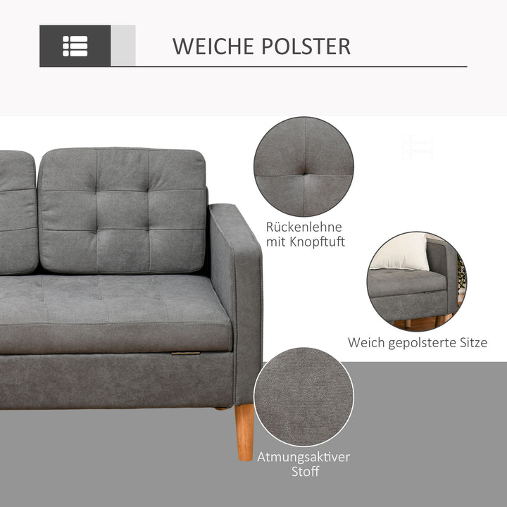 3-Personers sofa, sofa med opbevaringsplads, træben, polstret sofa med fløjlslook til stue, soveværelse, 166,5 x 62 x 82 cm, grå