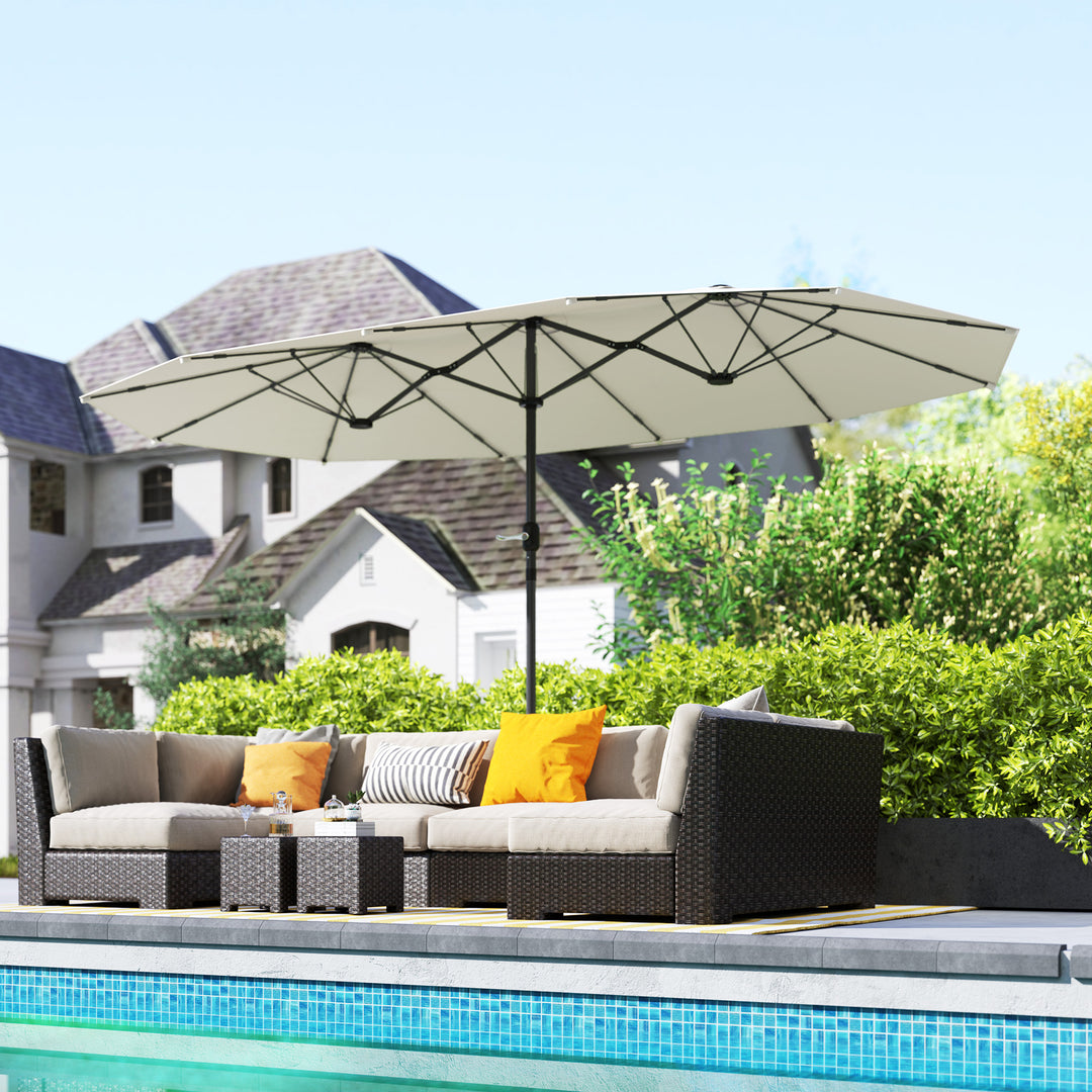 Dobbeltparasol 436 x 260 cm, uv-beskyttende stålparasol med håndsving, oval beige