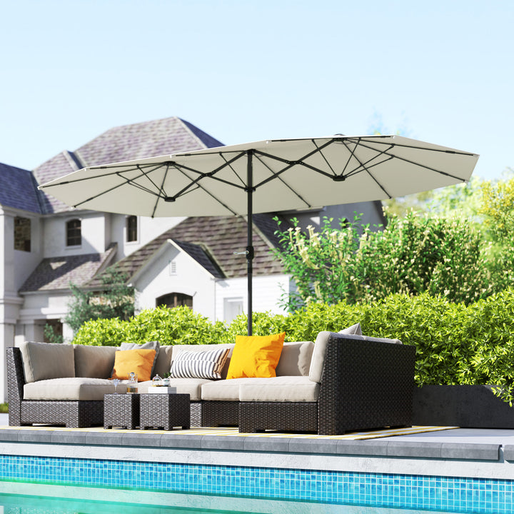 Dobbeltparasol 436 x 260 cm, uv-beskyttende stålparasol med håndsving, oval beige