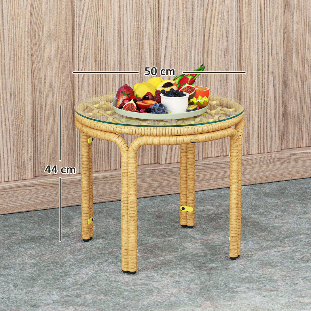Sidebord lavet af polyrattan rundt sofabord med glasbordplade natbord ø50 cm gul