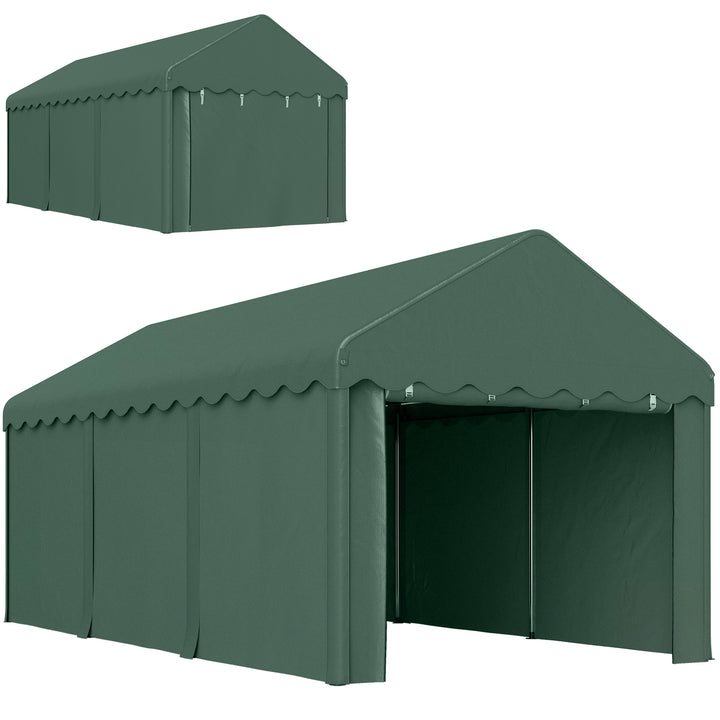 3x6 m transportabel carport, biloverdækning med 2 indgange, polyestertag, til biler, både, haveudstyr, mørkegrøn