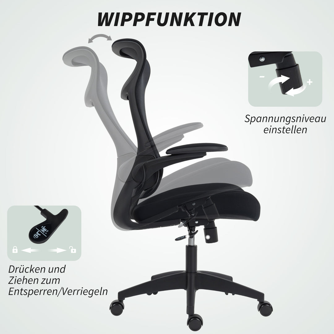 Ergonomisk kontorstol med 3D-armlæn, netryg, S-formet ryglæn, nakkestøtte, vippefunktion, sort