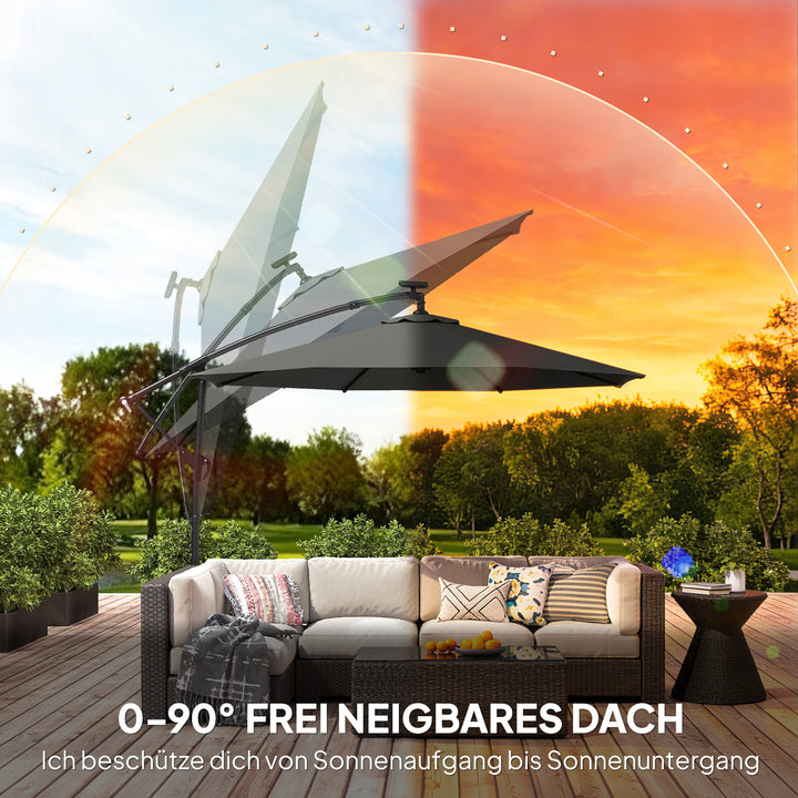 LED solcelledrevet parasol, ca. Ø300 cm, drejelig, med håndsving, beskyttelsesovertræk, mørkegrå
