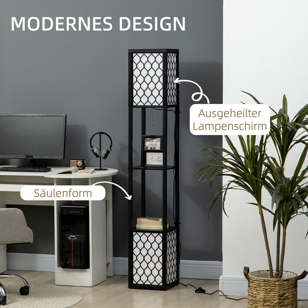 Gulvlampe i moderne design, 2 hylder, trækkædeafbryder, 26 cm x 26 cm x 156 cm, sort + hvid
