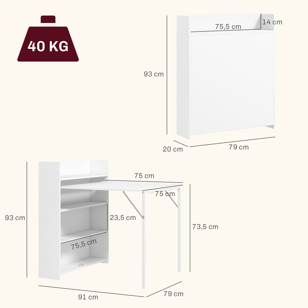 Foldbart spisebord, velegnet til små rum, med 4 diskrete hylder, foldbart køkkenbord, anti-tip funktion, hvid