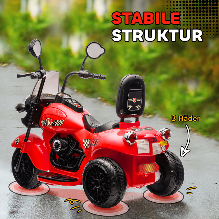 Elektrisk børnemotorcykel, 3 hjul, 6v batteridrevet, forlygte, musik, til børn i alderen 3-6, rød